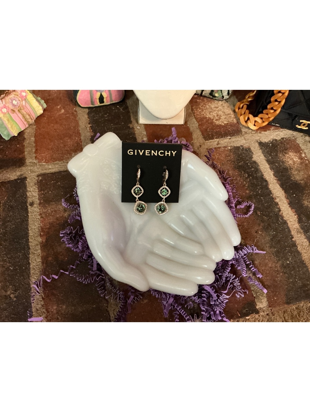 Givenchy Green Crystal Drop Earrings with Silver-tone Setting